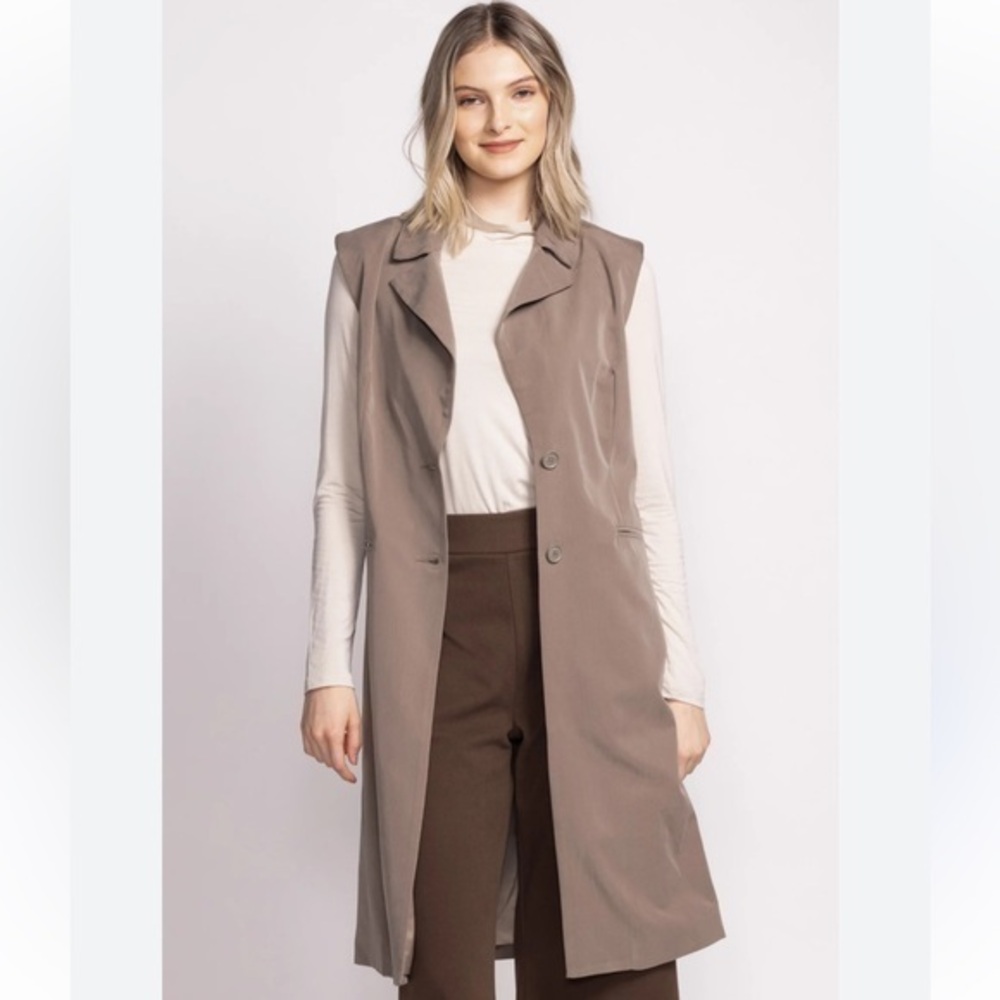 Dynamite | Long Brownish Beige Neutral Hang Open Long Vest Faux Front Pockets